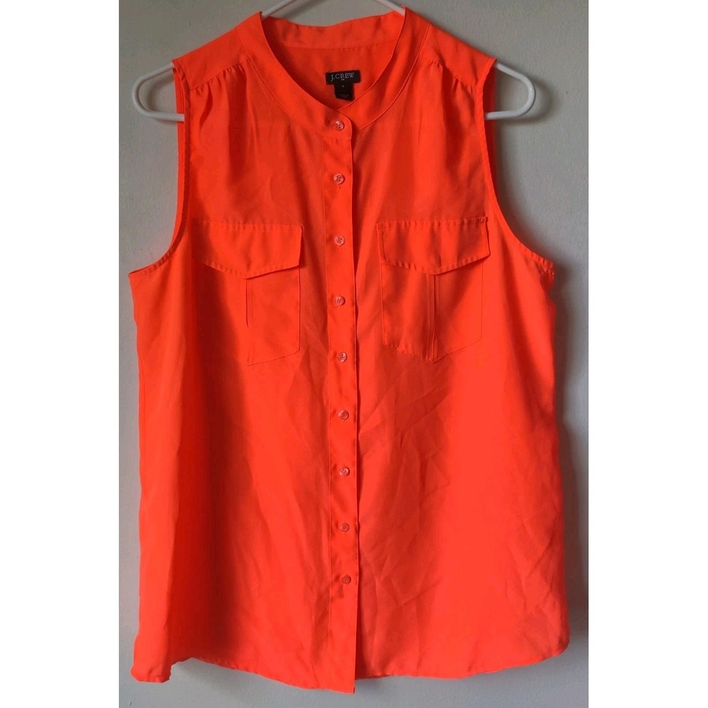 J. Crew‎ Women's 12 Sleeveless Button-Down Blouse Double Pocket High Neck Orange